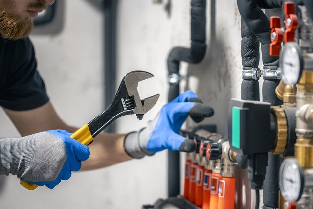 Professional plumber checking pipes with wrench